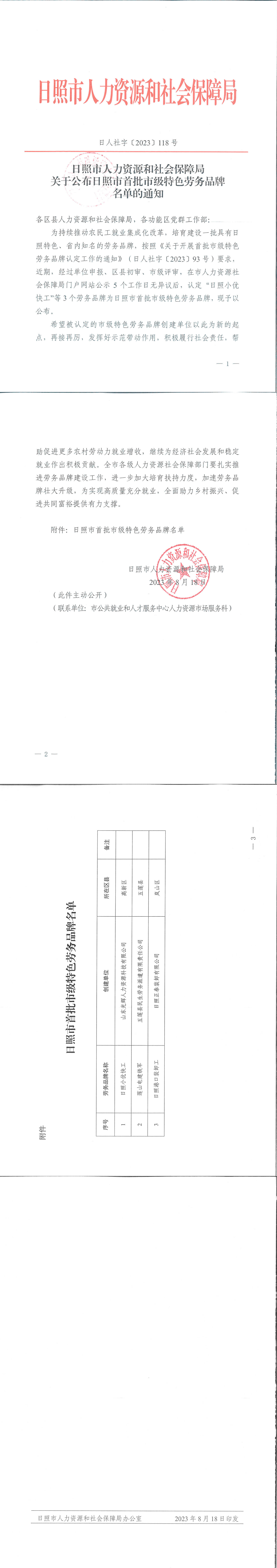 日照市人力资源和社会保障局关于公布日照市首批市级特色劳务品牌的通知 日人社字【2023】118号_00.png